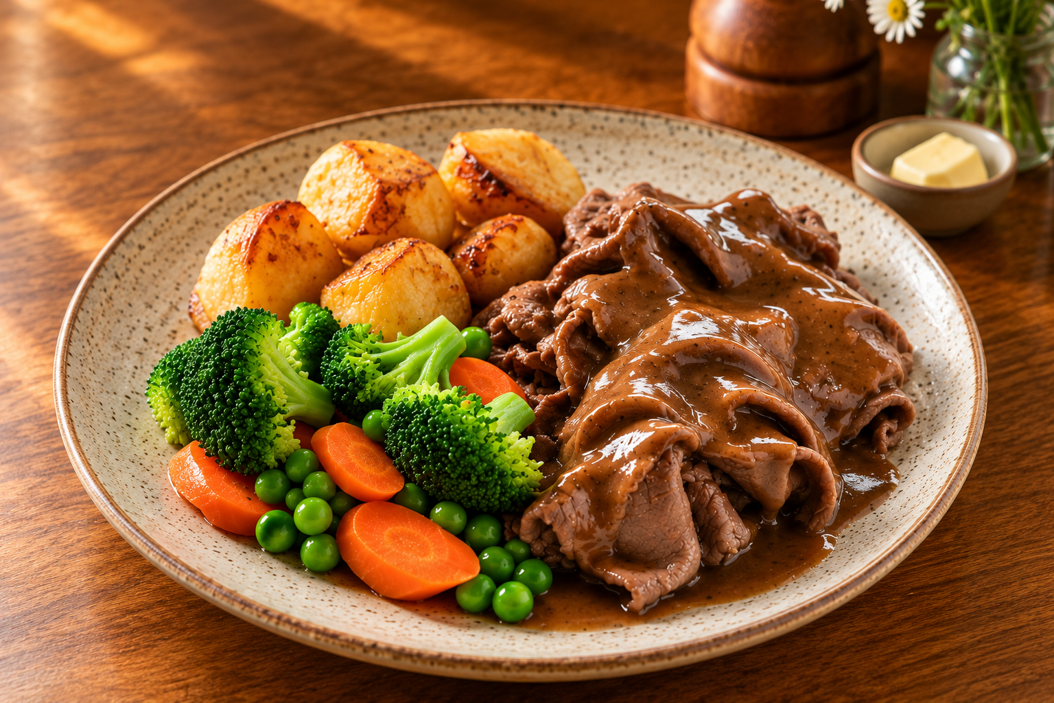 Sliced roast beef with gravy, roasted potatoes, broccoli, peas, and carrots