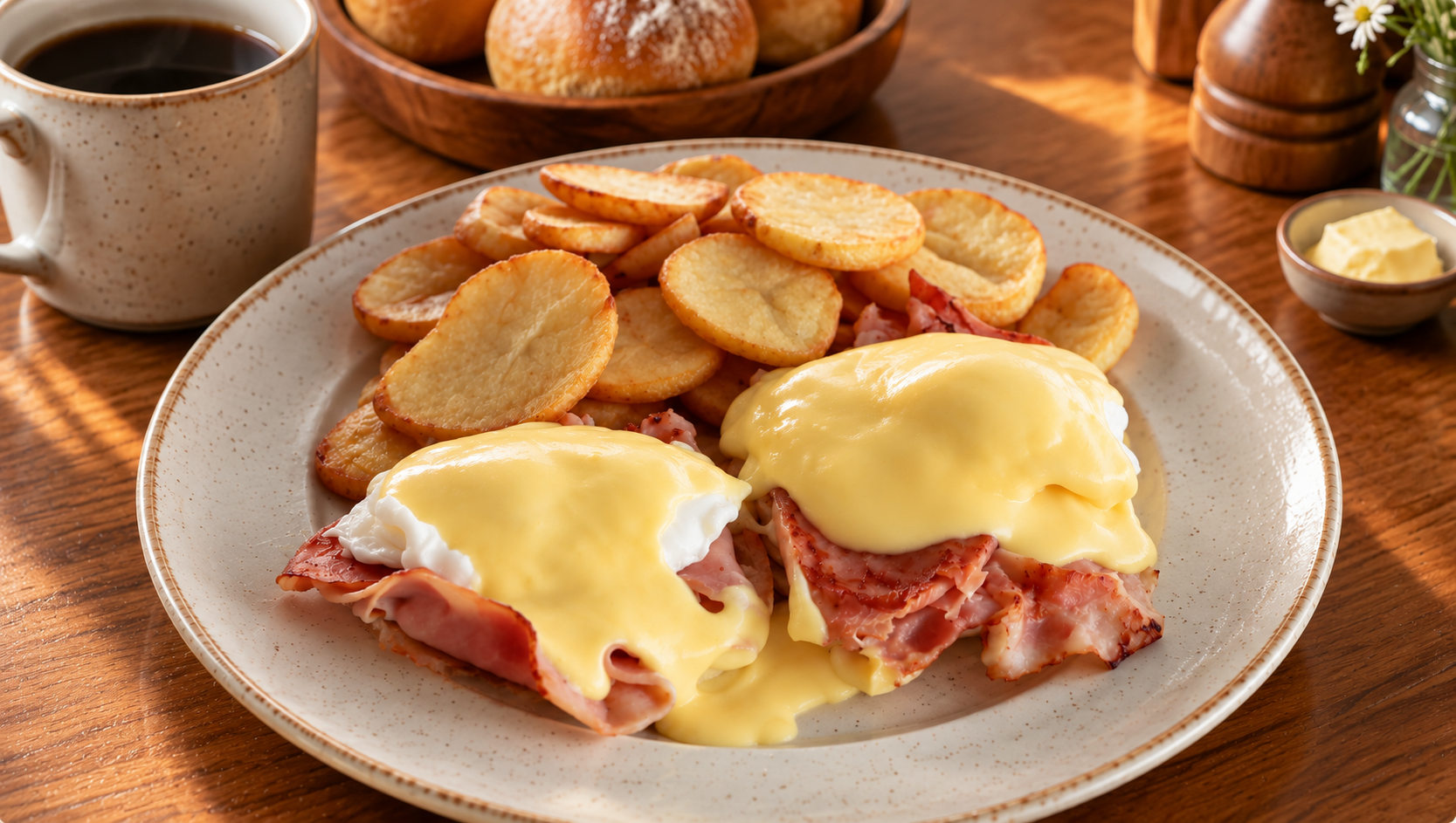 Eggs benedict with grilled ham, hash browns, and a cup of coffee
